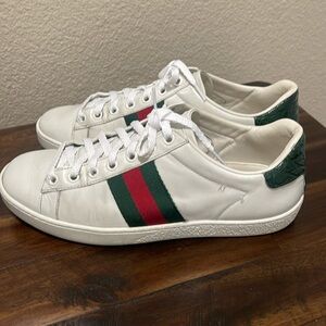 Gucci Ace Sneakers Authentic White Leather Monogram Green Web Sz 35.5 / 5.5 USA
